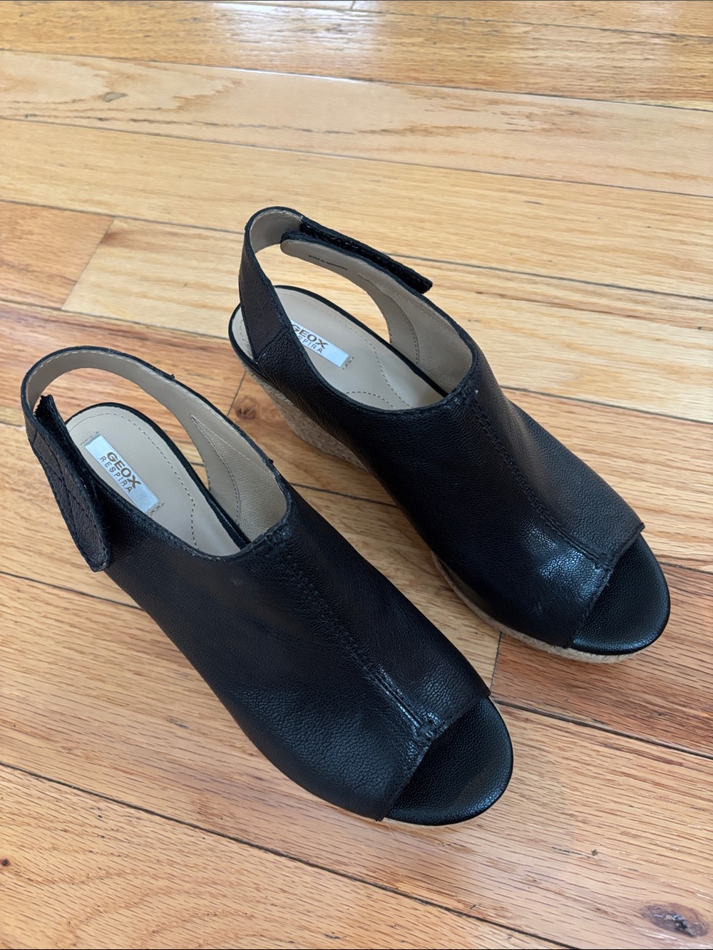 Geox Black Leather Peep-Toe Slingback Wedge Sandals